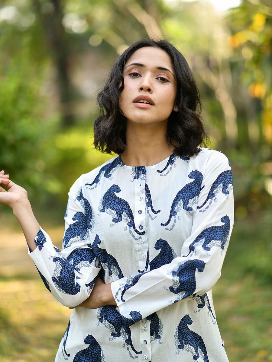 Button Kurta : Leopard White