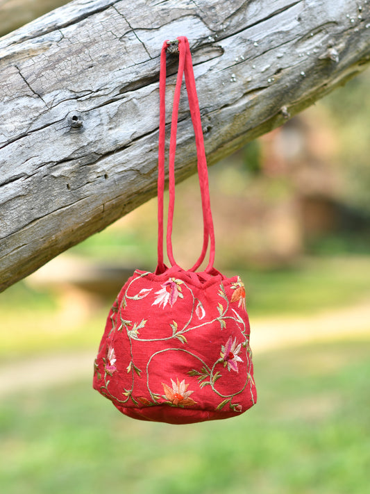 Floral Border Embroidered Potly Bag : Red
