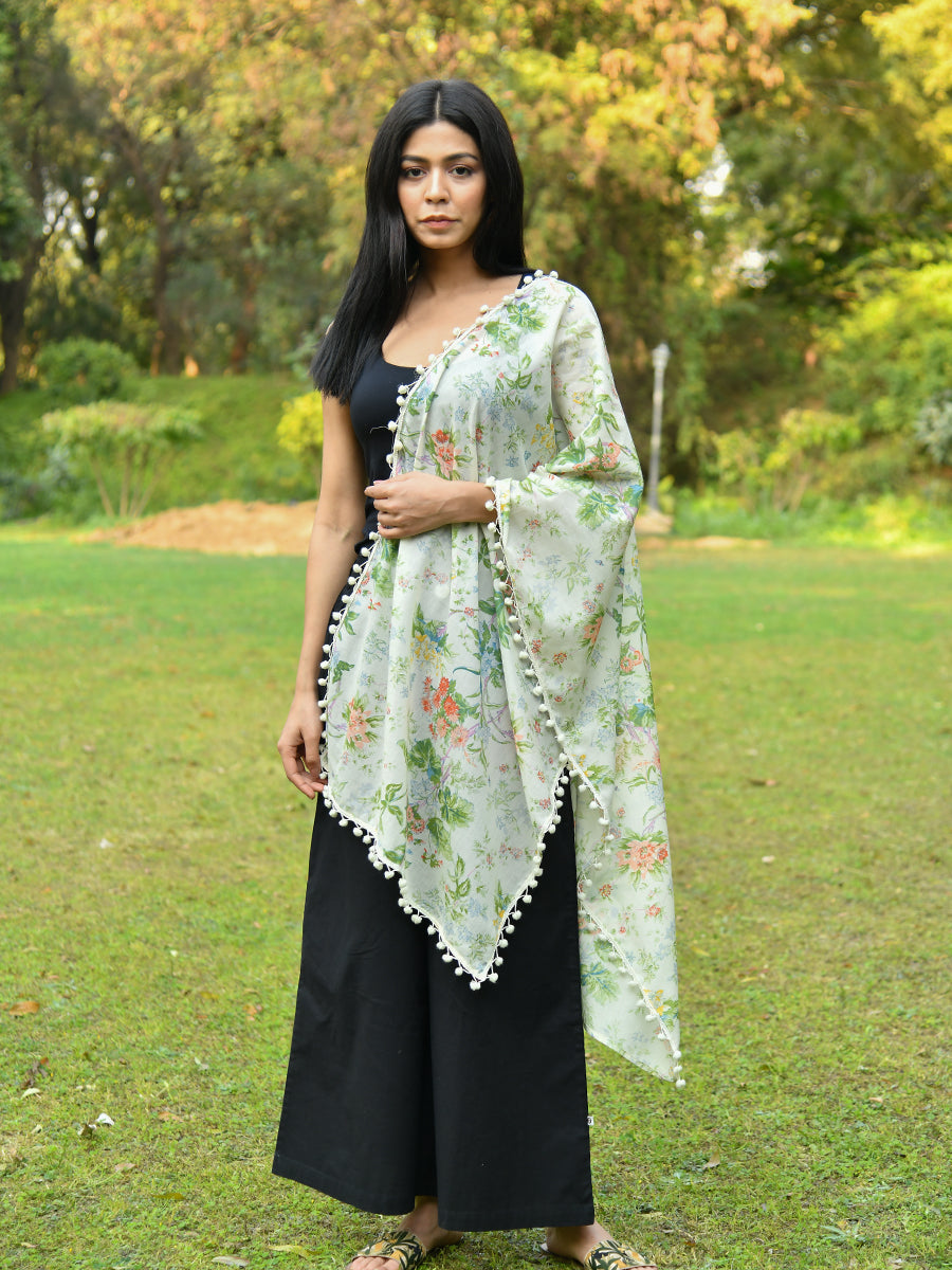 Stole Printed Voile W/ Pom Pom Lace : Sardinia Country