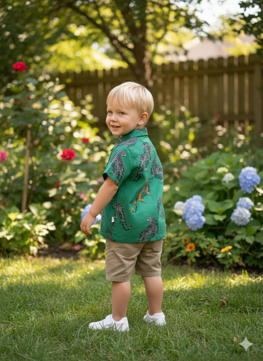 Kids Angad Half Sleeves Shirt: Leopard Green