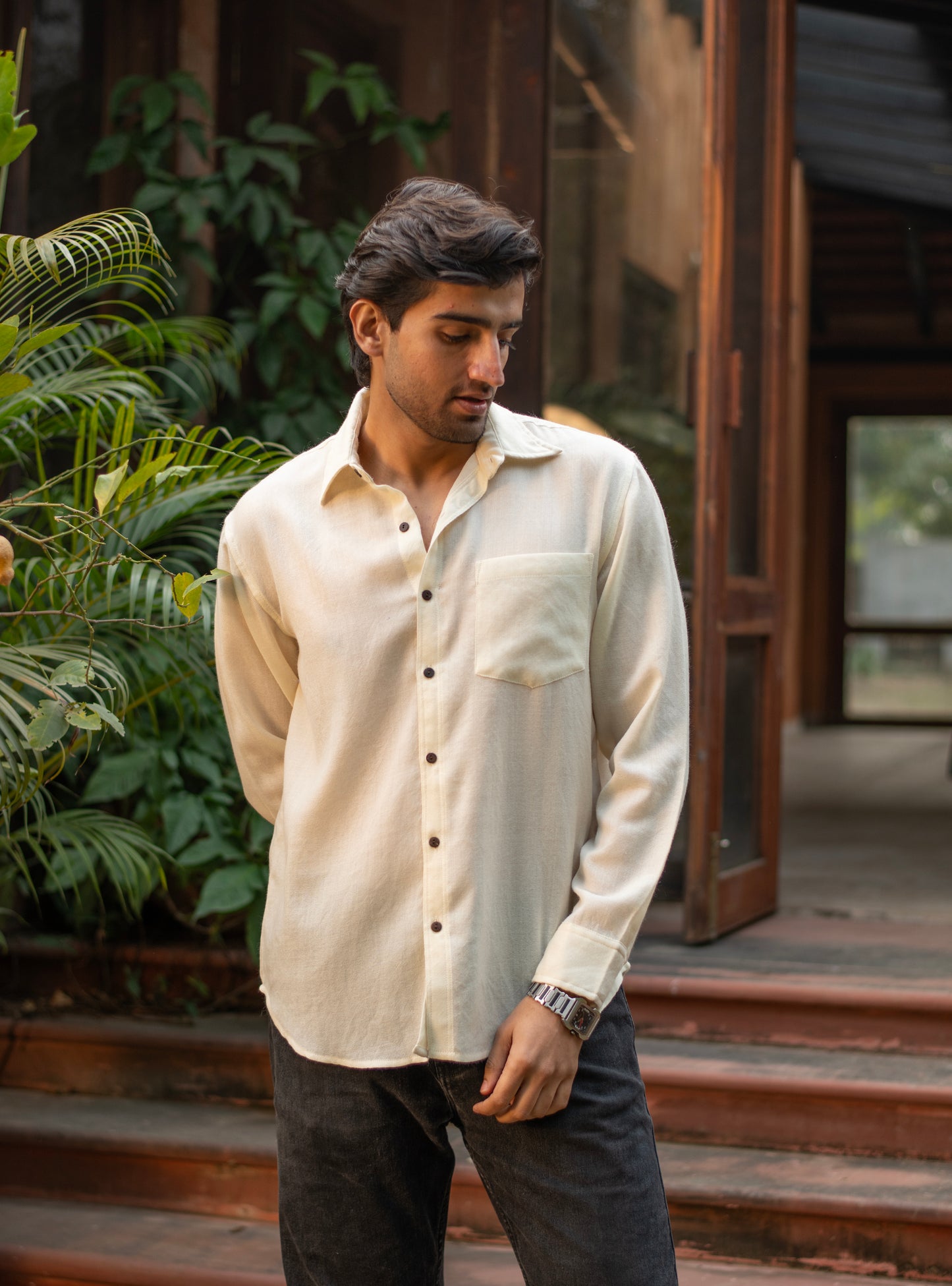 Xavier Men's Wool Shirt Full Sleeves: Solid Cream