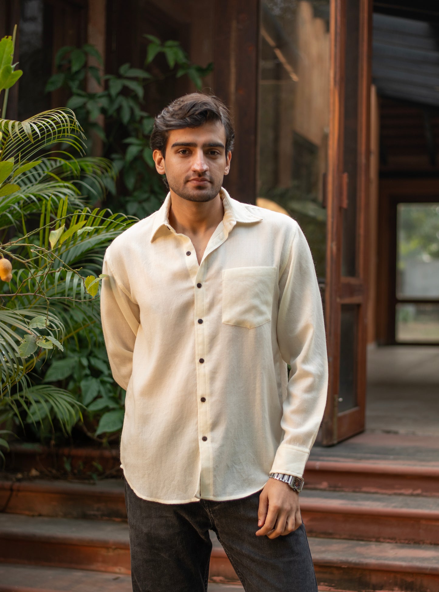 Xavier Men's Wool Shirt Full Sleeves: Solid Cream