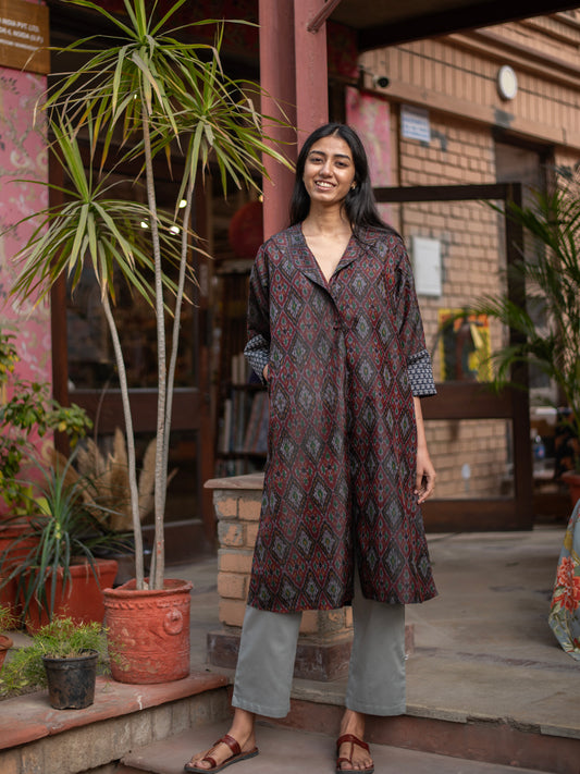 Brown Wrap Jacket : Ikat Silk